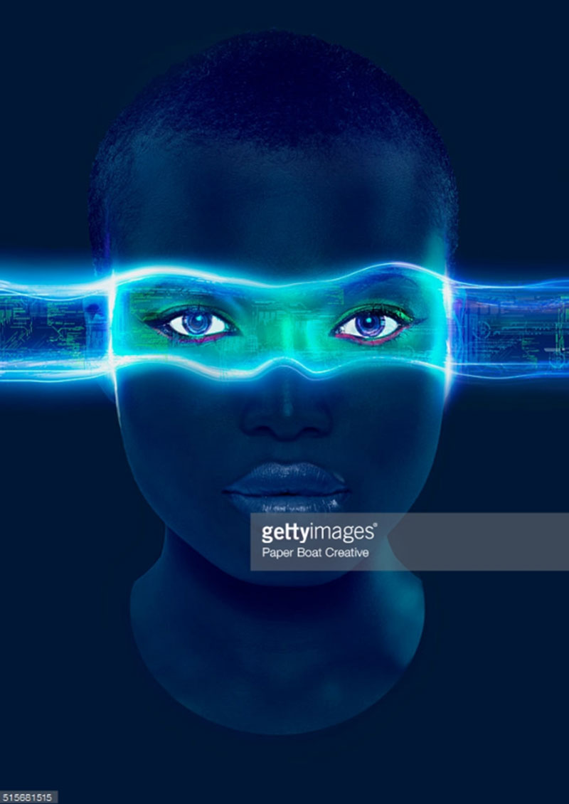 Woman with data stream covering her eyes. Photo Credit: Paper Boat Creative - 515681515 via gettyimages.com for Alwaysuttori.com