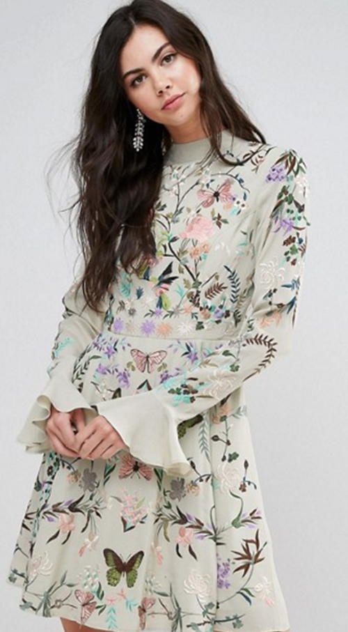 Embroidered, fluted sleeve Mini-skirt, Asos. Wedding Guest Fashion Guide for the 21st Century Girl. Alwaysuttori.com