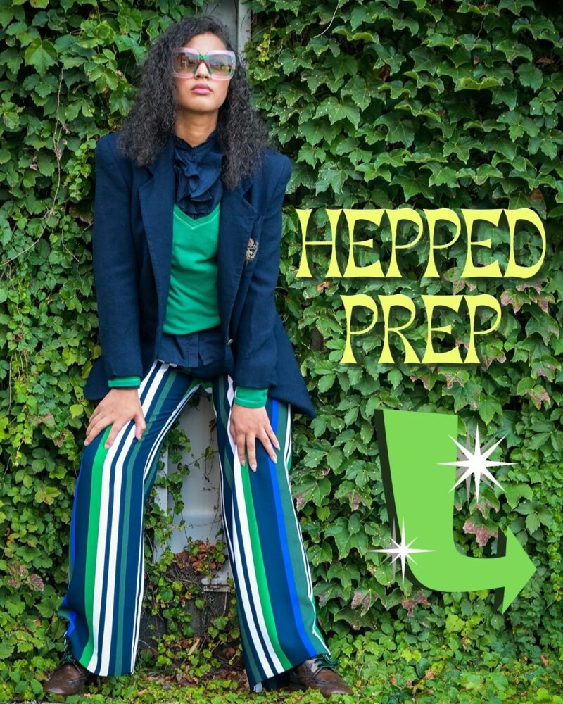 Hepped Prep Always Uttori. Girl wearing blue blazer, green striped pants, and a blue shirt and green shirt for hepped preppy fashion. 