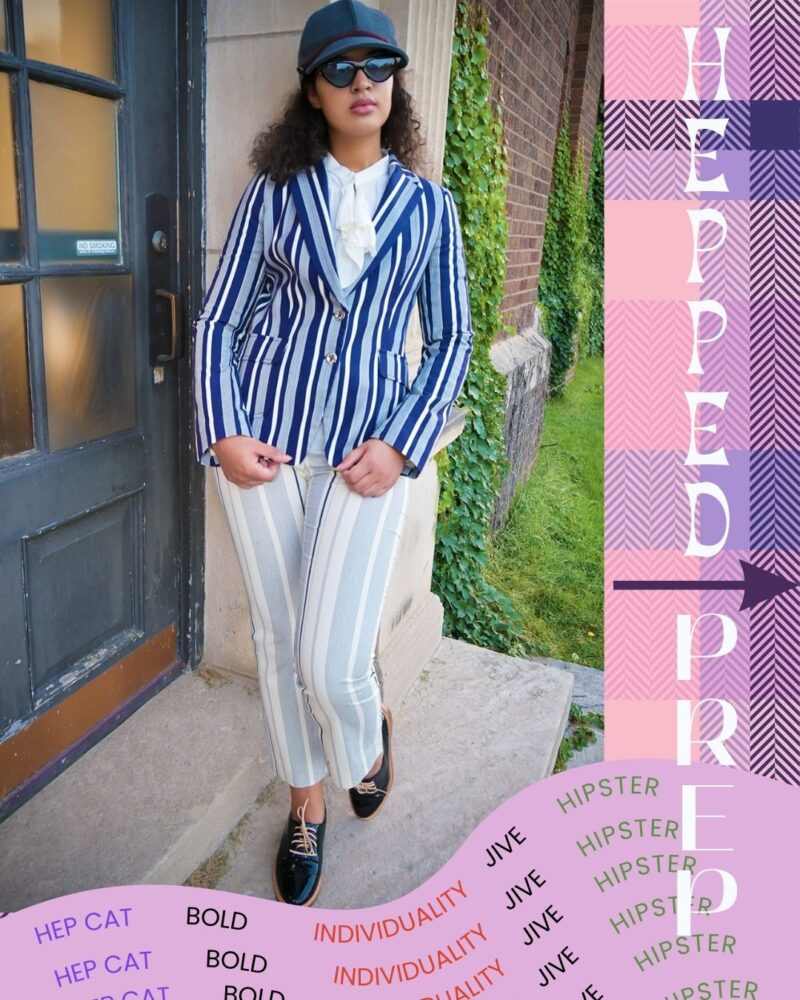 Hepped Prep Always Uttori. Girl wearing blue striped blazer, striped white and blue pants, white button down shirt, and a black loafers for hepped preppy fashion. 
