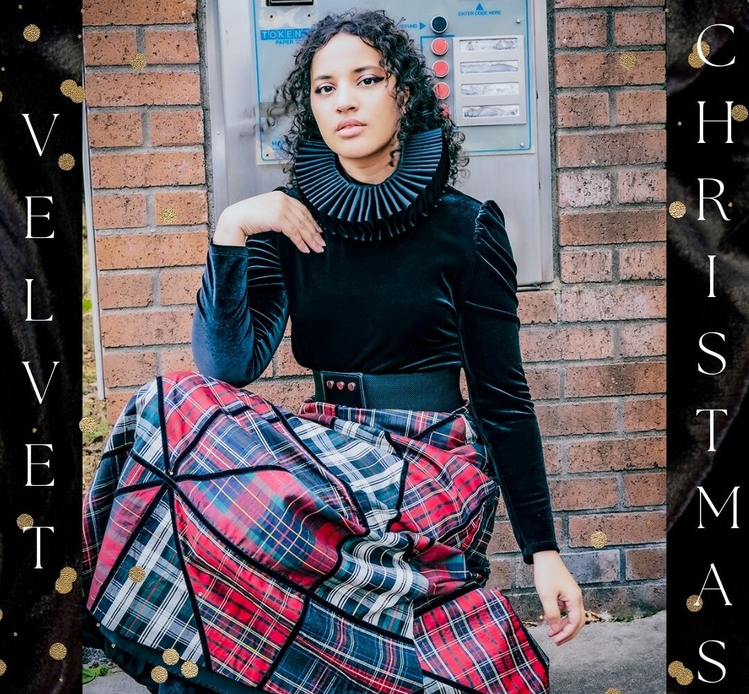Always Uttori Velvet Holiday Looks. Black velvet shirt, plaid tartan skirt, velvet boots. Ruffle necklace.