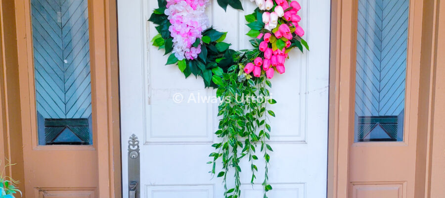 Always Uttori Spring Tulip Hydrangea wreath. Pink and white tulip wreath with pink hydrangea and leaves. Frontgate dupe. Mother's day wreath. Spring Wreath.
